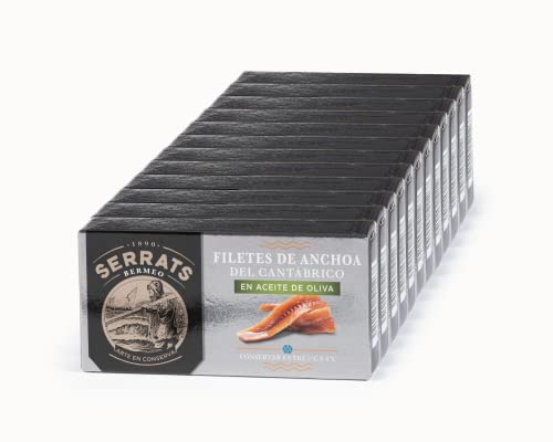 CONSERVAS SERRATS - Anchoas del Cantábrico en Aceite de Oliva - 12 Latas x 50g (Total: 600g) - Elaboración Artesanal, 100% Natural, Sin Espinas, Gourmet, Alto contenido en Omega 3