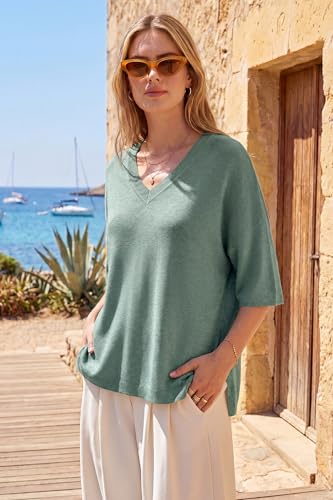 Image of Arach&Cloz Women's Wool Blend Elbow Sleeve Summer Oversized Casual Sweater | Versatile, Fall Layering Soft, Anti-pilling