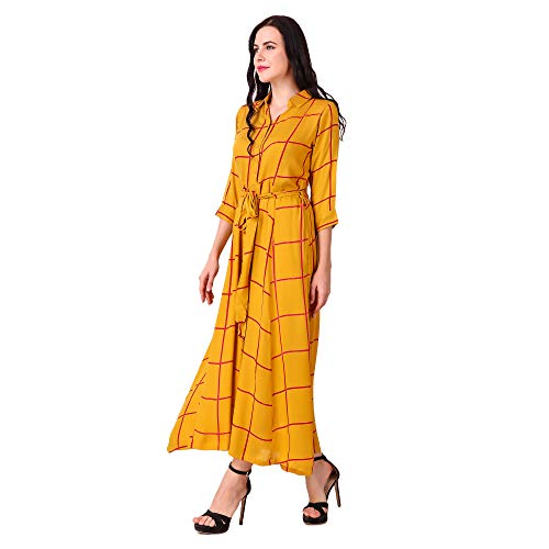 Image of MEVE Mustard Cotton Rayon Maxi Shirt Dress for Women