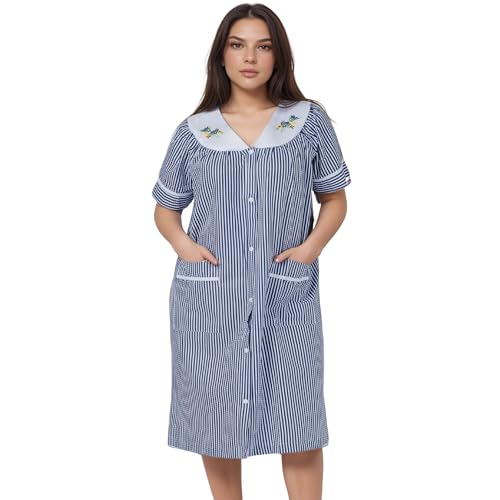 Image of Women's Short Sleeve Woven Snap-Front Closure Striped Embroidery Housecoat Duster Nightgown with Front Pockets