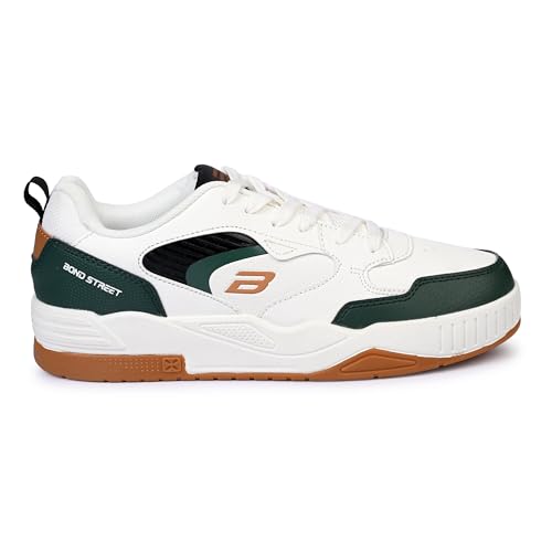 Image of Bond Street Men's White & Olive Casual Sneakers | PU Upper Lace-Up Shoes with Durable PVC Sole | Stylish & Comfortable Footwear for Men