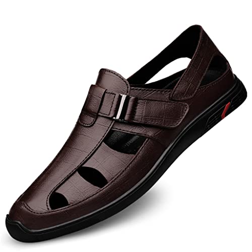 YMGSCC Leather Men Sandals Men Business Dress Sandals Handmade Leather Shoes Men Sandalias(White-Patch Five-Pointed star4,42 Code)