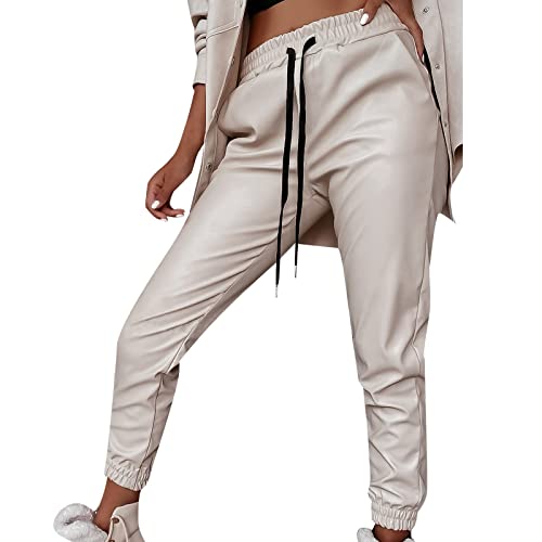 Damen Freizeithosen Lederhose PU Leder Hosen Kunstlederhose Casual Einfarbig Leder Leggings mit Taschen und Verstellbarem Kordelzug Damenhose Temperament Streetwear Tourenhose Jogginghose Damen Freizeithosen Lederhose PU Leder Hosen Kunstlederhose Casual Einfarbig Leder Leggings mit Taschen und Verstellbarem Kordelzug Damenhose Temperament Streetwear Tourenhose Jogginghose