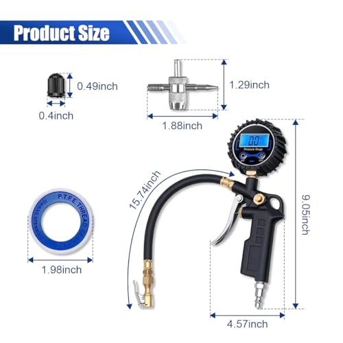 Image of Digital Tire Pressure Gauge with Inflator - 250 PSI Heavy Duty Tire Inflator with Gauge & Quick Connect Coupler - Car Tire Air Chuck and Compressor Accessories - 0.1 Display Resolution (1 Pack)