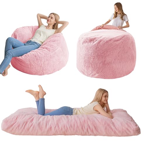 MAXYOYO Cama puf convertible de puf a cama – Sofá de espuma con funda peluda y relleno esponjoso incluido para adultos, adolescentes e invitados (rosa, individual)