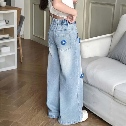 Girls Wide Leg Jeans Elastic Waist Baggy Denim Pants Floral Embroidery Jeans Y2k Streetwear for Kids 5-15 Years4