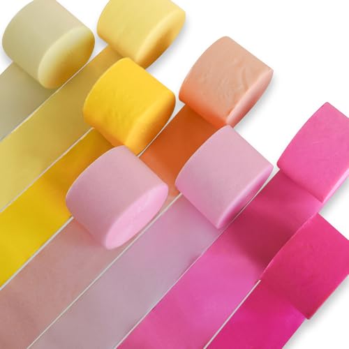 Image of PartyWoo Pink Crepe Paper Streamers 8pcs 656ft Pack of Light Hot Dark Pink Peach Pastel Yellow Ivory White Crepe Paper Streamers for Birthday Baby Shower Graduation Bachelorette Party Decorations