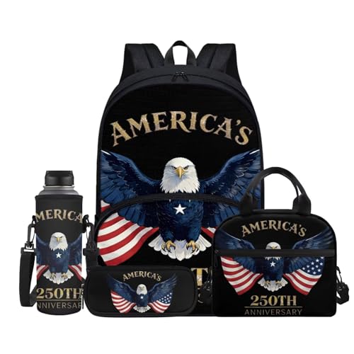 Jndtueit Mochila de estudante do ensino médio, lancheira infantil, manga para garrafa de água, 4 peças, mochila escolar para meninos e meninas, estojo de lápis, Aniversário, bandeira dos EUA, águia