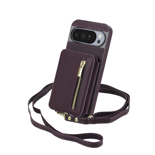 Étui portefeuille Google Pixel 10 Pro violet en cuir avec porte-cartes et fermeture à glissière