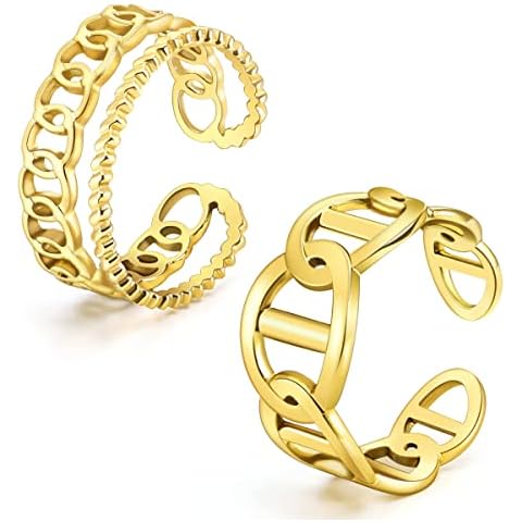 Emibele 18K Gold Plated Rings for Women, 2 Pcs Knuckle Open Ring Cuban Curb Chain Link Ring Adjustable Open Knot Gold Chunky Stacking Ring Set Dainty Jewelry Gift for Ladies Girls, Gold Cover