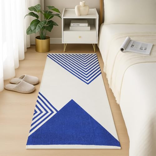 Image of SAGON 2x5 Ft Printed Runner Carpet - Cotton Bedside Rug for Bedroom & Living Room (Blue Trangle)