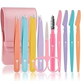 KINGMAS 10Pcs Tweezers Set for Women Facial Hair, Precision Tweezer for Eyebrows with Curved Scissor and Eyebrow Razor for Ingrown Hair with Case