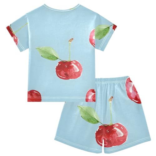 Summer Pajama Set Red Cherry Blue, Short Sleeve Sleepwear Nightwear2