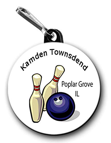 Bowling Zipper Pulls Set of Two 1.5 Inch Button Charms Personalized with The Name, City State Name and Font Color of Your Choice