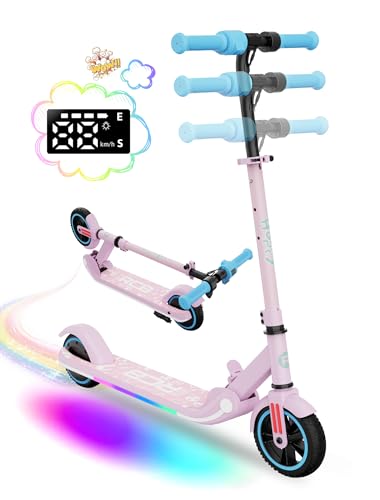 RCB Patinete Eléctrico Niños, Scooter eléctrico con Luces de Arco Iris, Máximo 16 km/h, Pantalla LED, Velocidad y Altura Regulables, Patinete eléctrico Plegable para niños de 6 a 12 años.