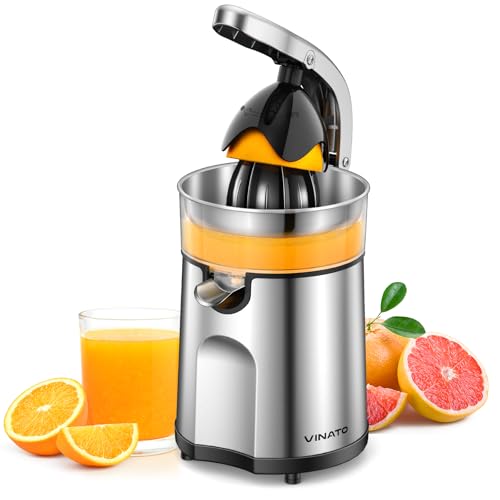 VINATO Exprimidor de Naranjas Eléctrico con 2 Conos, Extractor de Jugos, Máquina de Zumo Baja Velocidad, Sistema Anti-Goteo y Fácil Limpieza