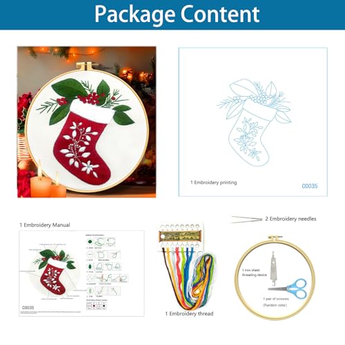 Image of Zhenqing Christmas Stocking Embroidery Kit for Beginners, Red Stocking Needlework Kit with Pre-Printed Fabric, Hoop, Threads & Tools (C0035)
