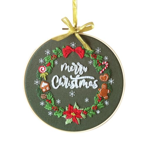 Gofission Kit de bordado para adultos principiantes, corona de Navidad con elementos festivos, juego de tela preimpresa con accesorios para decoración del hogar (Navidad 2)