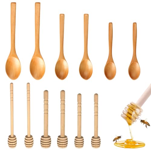 Eiflayn Cuillère en Bois,12 Pcs Cuillère à Miel Wooden Spoon,Agitateur en Bois Miel,Cuillère Service en Bois,Pour Mélanger le Café,Lait,Cuillère Bois Faite à Main,Convient pour Cuisine,Salle à Manger