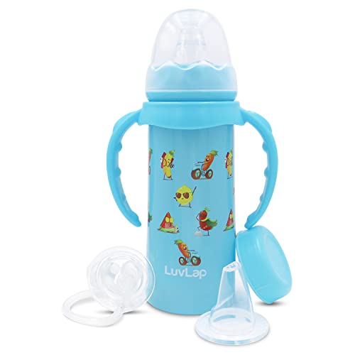 Image of LuvLap 4-in-1 Steel Baby Bottle Blue (240ml) and Anti-Colic Essential Teat Variable Flow (4pcs) 9m+ with Flexible Silicone