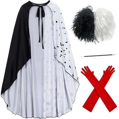 Carnavalife Capa Cruella Mujer, Peluca Blanca y Negra Cruella de Vil Disfraz, Guantes Rojas Largas y Cigarro Disfraz Dalmata Adulto Mujer Halloween (Pack 4PCS con Capa 110CM)