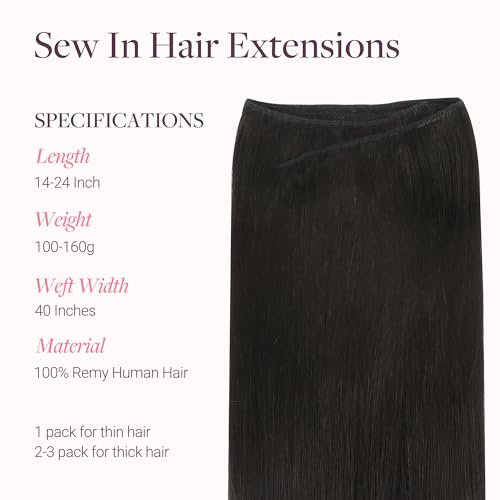 Image of GOO GOO Sew in Hair Extensions Real Human Hair, Weft Hair Extensions Human Hair, 1B Natural black 16inch 120g, Weft Bundles Straight Silky Remy Hair