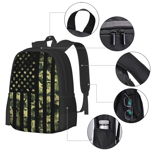 Green Camo Backpacks with American Flag Style for Kids Boys Girls for School Travel, Custom Book bags with Name/Text for Teens Adults Women Men, Personalized Daypack Travel Rucksack Laptop Bag3