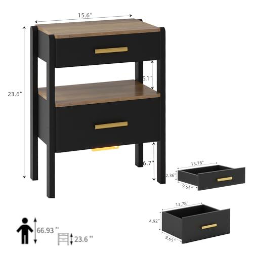 Image of Solid Wood Nightstand with 2 Drawers and Open Shelf Bedside Table End Table