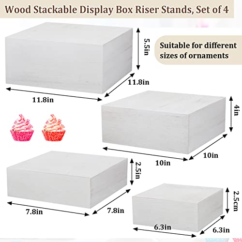 Set Of 4 Wood Display Risers Rustic Cupcake Stand Rustic Wood Cake Stands Wooden Stackable Display Box For Dessert Wedding Birthday Baby Shower Christmas Village Party Decoration (Vintage White) #TOP3
