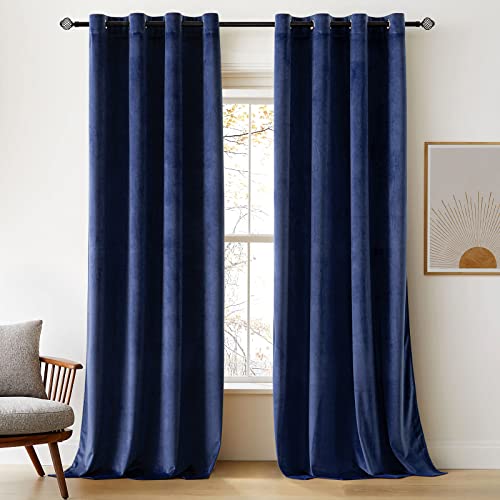 Woaboy Lot de 2 Rideaux à Oeillets en Velours Thermique Occultants Rideaux de Fenêtre Bloqué Lumière Panneau de Fenêtre pour Salon et Chambre Doux et Confortable Élégant 140x260cm Bleu Foncé Cover