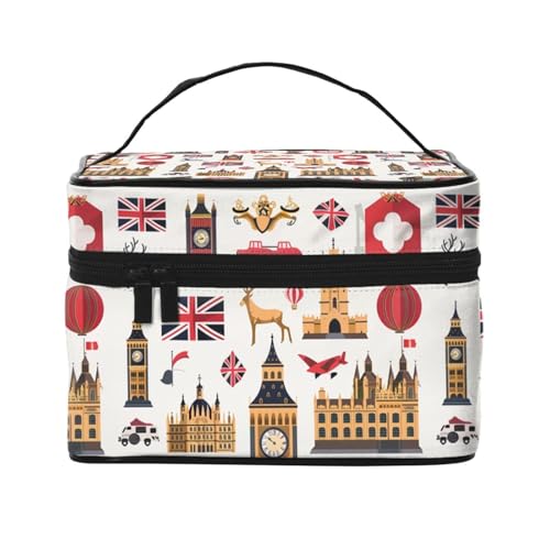 BEIVGOXL England Symbols Printed Makeup Bag, Large Capacity Cosmetic Bag for Travel, Waterproof Makeup Organizer with Multiple Pockets (9x6.5x6.2 Inch),Toiletries, and Essentials Storage