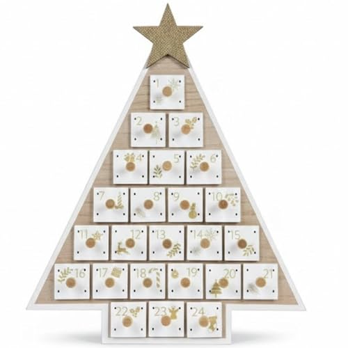 Christmas Wooden Advent Calendar with 24 Storage Drawers – Reusable Festive Countdown Tree with Gold Details, Pull-Out Boxes for Treats & Gifts – Modern White & Natural Wood Decoration 35x31cm