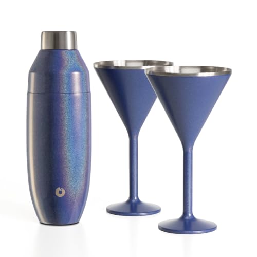 SNOWFOX’s Newport Collection, Premium Martini & Shaker Set, Vacuum Insulated 22 oz SNOWFOX Cocktail Shaker & 2 Newport Martini Glasses 8 oz Gift Box Set, Home Bar Accessories, Classic Design, Blue