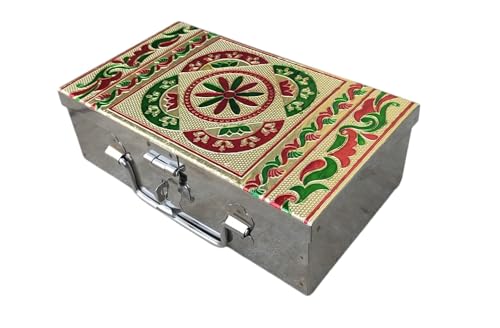 Image of Stainless Steel Storage Box, Cash Box, Pooja Peti, Organizer, Vanity Storage Box, Jewellery Safe Bank Locker, Cash Box With Handicrafts Digital Meena Kari Design (Red, 8 Inch)