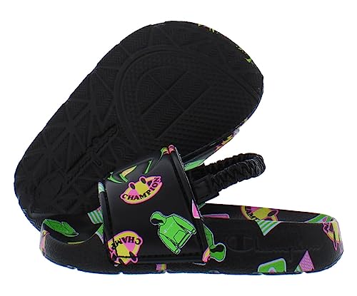 Champion Ipo Catch Print Slide Infant/Toddler Shoes Size 6, Color: Crow Black/Green/Yellow-Core Black