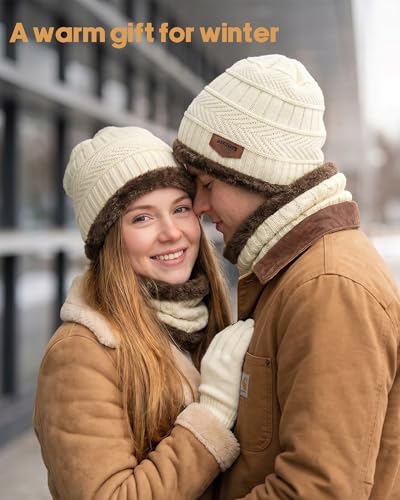 Image of Loritta Winter Hats for Men, 3 PCS Fleece Beanie Scarf Gloves Set