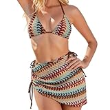 Bikini Damen Set 3 Teiliger, Grün und Braun Bademode Set Sexy Neckholder Triangle Bikini Bikinitop Tangas und Wrap Rock Slim Streifenmuster Badeanzug Badebekleidung für Damen, M