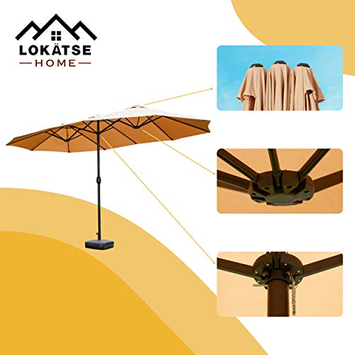 Image of LOKATSE HOME 15 Ft Double Sided Patio Umbrella with Crank Handle and Water Fillable Base Stand Twin Head Sun Shade for Outdoor Garden Balcony Market Poolside