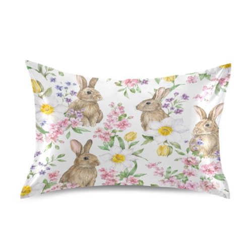 KEEPREAL Beautiful Flowers Bunny Satin Pillowcase for Hair and Skin Silk Pillowcase - Satin Pillow Covers with Envelope Closure, Queen Size(20x30 inches) - Easter Decoration