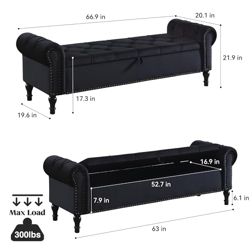 HOMYKA Storage Bed Bench for Bedroom, 67 Inches End of Bed Bench, Velvet King Size Bench with Arms, Tufted Button Storage Ottoman Benches, Upholstered Bench for Bedroom, Living Room, Entryway, Black