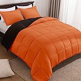 Basic Beyond Queen Comforter Set - Fluffy Comforter Queen Set for All Seasons - Reversible Orange Comforter Set Queen for Mens - 3 Pieces (1 Comforter + 2 Pillow Shams) - Orange/Black
