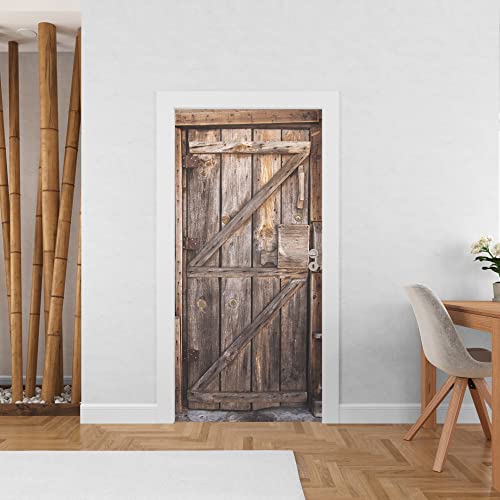 Sticker mural Trompe l'Oeil - Autocollant Porte Vieux Bois - Stickers Muraux (83x205 cm)