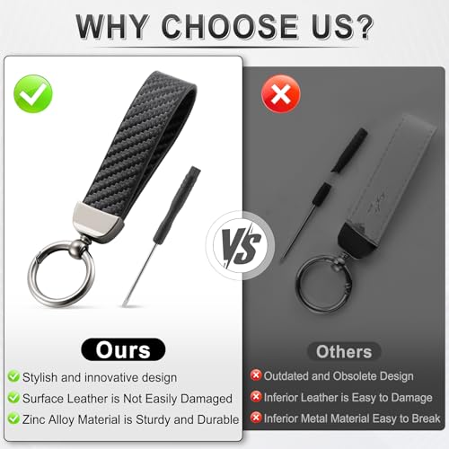 image for JUSTTOP Leather Keychain, Carbon Fiber Car Key Chain with Anti-Lost D-