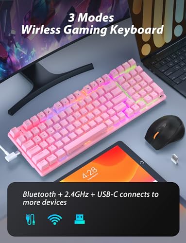Image of Wireless Mechanical Gaming Keyboard and Mouse Combo, 98 Keys RGB Backlit Rechargeable 2000mAh Battery, 3-Mode BT5.0 /2.4G /USB-C (Pink)
