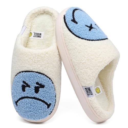 Wpecgoo Chausson Smiley Femme Pantoufles Homme Drole en peluche douce Mousse à mémoire de forme Pantoufles d'intérieur confortables et chauds pour l'hiver