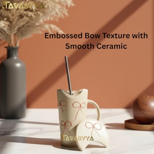 Image of Handmade Pink Bow Embossed Ceramic Tumbler, Mug with Lid & Straw, Tactile Print Cup for Hot & Cold Beverages - Coffee, Tea, Shakes, Matcha, Microwave & Dishwasher Safe, Perfect for Gifting