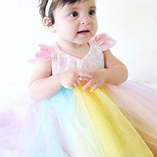 Com vestido de renda sem mangas infantil macacão de lantejoulas arco-íris princesa vestido de bebê c