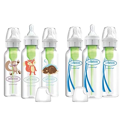 Dr. Brown’s Natural Flow® Anti-Colic Options+™ Narrow Baby Bottles 8 oz/250 mL, with Level 1 Slow Flow Nipple, 6 Pack, 0m+ Woodland Animals Gift Set