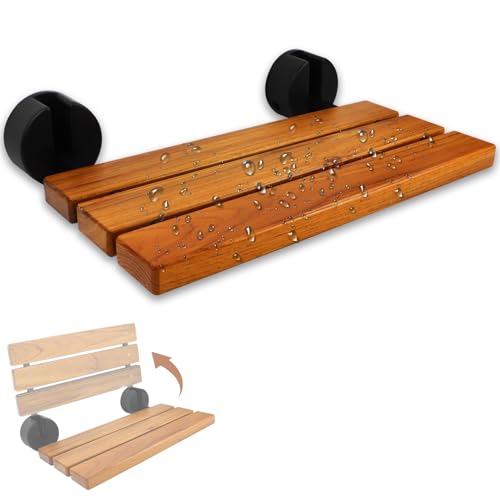 20 Inch Wall Mounted Shower Bench, Folding Teak Shower Seat, Solid Teak Wood Bath Seat, Non-Slip Spa Bench for Elderly & Handicap, Space-Saving Bathroom Accessories