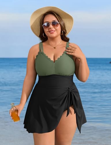 Image of Charmo Plus Size Bathing Suit for Women One Piece Swimdress Tummy Control Ruched Swimsuits Scalloped V Neck Swimwear Army Green Black 3X